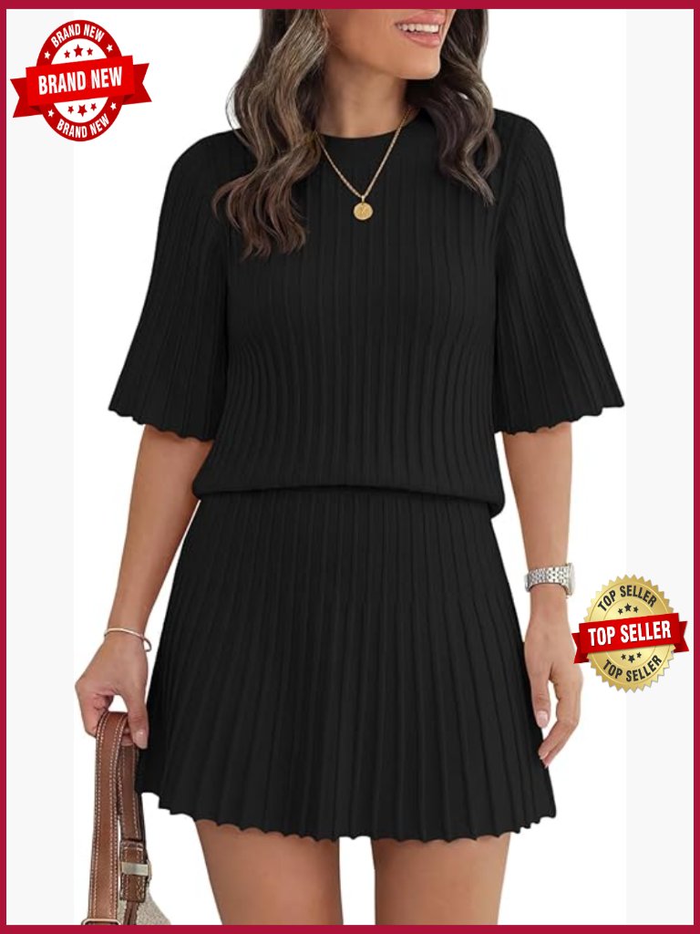 Women's 2 Piece Skirt Set Short Sleeve Sweater Outfits Lounge Set